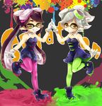  2girls absurdres aori_(splatoon) black_dress black_hair brown_eyes detached_collar domino_mask dress earrings fangs food food_on_head gloves green_legwear grin highres holding_hands hotaru_(splatoon) jewelry leg_up long_hair looking_at_viewer mask multiple_girls object_on_head paint_splatter pantyhose pink_legwear pointy_ears pose shinotarou_(nagunaguex) shoes short_jumpsuit smile splatoon_(series) splatoon_1 standing strapless strapless_dress white_gloves white_hair 