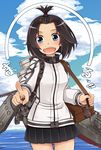  alternate_hairstyle black_hair black_skirt blue_eyes blush cloud cloudy_sky day hayasui_(kantai_collection) hitsujin jacket kantai_collection long_sleeves maru_(lagrange) miniskirt open_mouth parody pleated_skirt rinne_no_lagrange short_hair skirt sky solo topknot track_jacket zipper 