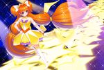  absurdly_long_hair amane_satsuki amanogawa_kirara boots brooch brown_hair cure_twinkle earrings full_body gloves go!_princess_precure hand_on_hip jewelry long_hair low-tied_long_hair magical_girl multicolored_hair precure purple_eyes quad_tails red_hair skirt smile solo sparkle standing star star_earrings streaked_hair thigh_boots thighhighs twintails two-tone_hair very_long_hair white_footwear white_gloves white_legwear yellow_skirt 