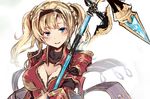  :d blonde_hair blue_eyes blush braid breasts cleavage cleavage_cutout granblue_fantasy hair_intakes hairband large_breasts long_hair nanahara_fuyuki open_mouth polearm red_armor simple_background smile solo spear twin_braids twintails upper_body weapon white_background zeta_(granblue_fantasy) 