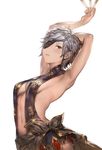  aos armpits arms_up breasts brown_eyes cleavage eyepatch granblue_fantasy navel short_hair sideboob silver_hair simple_background small_breasts solo tanya_(granblue_fantasy) white_background 