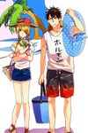  2boys baby_be&#039;el baby_be'el bag beelzebub_(manga) black_hair blonde_hair blue_sky green_eyes green_hair handbag hilda_(beelzebub) innertube multiple_boys oga_tatsumi palm_tree purse shirt sky straw_hat swim_trunks t-shirt 