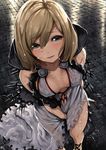  assassin_(granblue_fantasy) bare_shoulders between_legs blood bloody_weapon breasts brown_eyes brown_hair center_opening cleavage djeeta_(granblue_fantasy) dress granblue_fantasy hand_between_legs knife looking_at_viewer medium_breasts pyz_(cath_x_tech) rain see-through short_hair solo weapon wet wet_clothes 