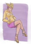  adapted_costume blonde_hair crossed_legs dilaih earmuffs filigree frilled_shorts frills full_body grey_eyes hands_in_pocket high_heels homestuck hood hoodie legs long_hair purple_background shirt shorts simple_background sitting solo strappy_heels touhou toyosatomimi_no_miko trait_connection yellow_shirt 