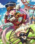  amusement_park black_legwear bow carousel flag green_eyes hand_on_headwear hand_on_hip hat hat_bow leg_up long_hair looking_at_viewer open_mouth pink_hair ponytail railroad_tracks roller_coaster skirt solo tenkuu_no_crystalia thighhighs uniform very_long_hair white_skirt wooni 