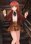  akatsuki_miho akemiho_tabi_nikki blazer brown_eyes brown_hair dress_shirt highres jacket knees_together_feet_apart kouno_hikaru miniskirt plaid plaid_skirt pleated_skirt shirt short_hair skirt solo stairs 