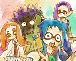  3boys blue_hair domino_mask drumsticks faux_traditional_media guitar ichiya_(splatoon) ikkan_(splatoon) instrument keyboard_(instrument) lowres mask multiple_boys murasaki_(splatoon) namida_(splatoon) orange_hair purple_hair smile spiked_hair splatoon_(series) splatoon_1 sweater tentacle_hair yzykz 