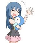  1girl bare_shoulders blue_hair female happy hikari_(pokemon) hug long_hair mikan_imo piplup pokemon pokemon_(anime) pokemon_dppt salute simple_background skirt smile 