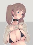  bacius bad_id bad_pixiv_id bangs black_bra blue_eyes blush bra breasts brown_hair closed_mouth collar earrings embarrassed head_tilt highres jewelry large_breasts long_hair looking_away nail_polish original pink_nails shirt_lift solo sweater twintails underwear upper_body 