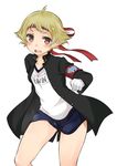  abenattou armband blonde_hair blush brown_eyes character_name cheerleader erwin_(girls_und_panzer) gakuran girls_und_panzer gloves gym_shorts gym_uniform headband name_tag open_mouth ouendan school_uniform shirt short_hair shorts smile solo standing white_background white_gloves 