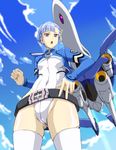  :o ass_visible_through_thighs asymmetrical_bangs bangs belt blue_hair breasts clenched_hand cloud day fin_e_ld_si_laffinty fugakuhyakkei highleg leotard looking_at_viewer purple_eyes rinne_no_lagrange skindentation small_breasts solo thighhighs vox_lympha 