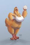  2014 anthro avian big_breasts bird bottomless breasts chicken chubby claws clothed clothing egg feathers female green_eyes half-dressed hand_on_hip non-mammal_breasts open_mouth proxer scales smile solo wide_hips 