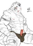  abs blush clothing erection feline looking_at_viewer male mammal msucles open_pants pants penis shorts simple_background solo tiger white_background xsrwe12 