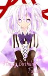  bad_id bad_pixiv_id bow character_name fujishiro_otone fuki_31 hair_ribbon happy_birthday heart looking_at_viewer mikagura_gakuen_kumikyoku multicolored_hair purple_hair ribbon school_uniform simple_background solo twintails two-tone_hair white_hair 