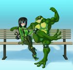  amphibian battletoads bench blush eyewear female lapinbeau male muscular my_hero_academia rash_(battletoads) spikes sunglasses toad tongue tongue_out tsuyu_asui video_games 