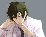  aoharu_x_kikanjuu blue_eyes finger_to_mouth green_hair male_focus midori_nagamasa necktie simple_background smile solo tsukimori_usako 