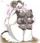 &lt;3 anthro big_breasts blush breasts caprine curved_horns extra_breasts furry hair holding_breasts hooves huge_breasts kneeling mammal multi_breast nipples pink_hair pussy sheep smile solo yellow_eyes ymbk 