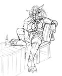  anthro armor canine card chair claws clothed clothing crate dagger eye_patch eyewear female fur furniture hair long_hair mammal melee_weapon monochrome pawpads playing_card reclining simple_background sitting sketch solo toe_claws video_games warcraft weapon were werewolf white_background worgen world_of_warcraft 