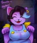  2015 :3 anthro black_hair blue_hair breasts cat catty_(undertale) cleavage clothed clothing dialogue ear_piercing english_text eyes_closed fangs feline female fur hair mammal multicolored_hair open_mouth piercing purple_fur signature smile solo text tongue two_tone_hair undertale witchofavalon 