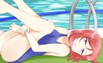  :o ass bare_shoulders blush breasts cleavage collarbone commentary_request competition_school_swimsuit fate_no_keshin highres leg_hug legs legs_up looking_at_viewer love_live! love_live!_school_idol_project medium_breasts nishikino_maki one-piece_swimsuit partial_commentary pool_ladder poolside purple_eyes red_hair school_swimsuit short_hair solo swimsuit 