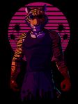  5_fingers anthro black_fur black_stripes blinds blood city cityscape clothed clothing dark dream_and_nightmare feline frotn_view fur hotline_miami male mammal multicolored_fur muscular no_pupils orange_fur palm_tree scar shirt solo stripes sunset tank_top tiger tony_(hotline_miami) tree white_fur 