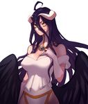  ahoge albedo bad_id bad_pixiv_id bare_shoulders black_hair black_wings breasts cleavage covered_nipples demon_girl detached_collar dress gloves hair_between_eyes hand_on_own_chest hip_vent horns large_breasts long_hair low_wings overlord_(maruyama) shanabi smile solo very_long_hair white_dress white_gloves wings yellow_eyes 