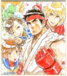  2girls 3boys black_hair blanka blonde_hair blush_stickers bracelet brown_eyes brown_hair bun_cover capcom chun-li clenched_hand commentary_request double_bun dougi fingerless_gloves gloves green_skin headband jewelry kasugano_sakura ken_masters marker_(medium) multiple_boys multiple_girls muscle nishimura_kinu no_pupils orange_hair red_gloves ryuu_(street_fighter) school_uniform serafuku short_hair spiked_bracelet spiked_hair spikes street_fighter thick_eyebrows traditional_media v 