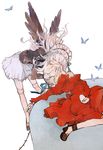  bent_over black_wings blonde_hair bow bug butterfly closed_eyes doll_joints dress feathered_wings fumiyomogi headdress highres holding holding_hair insect kiss long_hair multiple_girls red_dress ribbon rozen_maiden shinku silver_hair simple_background sitting skirt standing suigintou thorns upside-down_kiss white_background wings yuri 