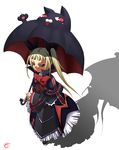  animal_themed_umbrella black_umbrella blazblue blonde_hair bow cat dress gothic_lolita hair_ribbon highres lolita_fashion long_hair nago rachel_alucard rayno red_bow red_eyes ribbon shadow smile solo twintails umbrella 