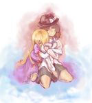  blonde_hair bow brown_hair elbow_gloves gloves hair_bow hat hug hug_from_behind kouzilow long_hair multiple_girls short_hair touhou usami_renko yakumo_yukari 