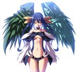  angel angel_and_devil asymmetrical_wings blue_hair bow breasts demon dizzy guilty_gear hair_bow long_hair medium_breasts navel necro_(guilty_gear) red_eyes simple_background solo tail tasaka_shinnosuke thigh_gap underboob undine_(guilty_gear) wings 