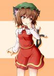  animal_ears bow brown_eyes brown_hair cat_ears cat_tail chen hat highres multiple_tails rariemonn short_hair solo tail touhou 