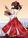  back bare_back bare_shoulders black_hair bow brown_eyes detached_sleeves dress food hair_bow hakurei_reimu half_updo looking_back mamedenchi ponytail solo touhou 