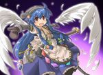  bad_id bad_pixiv_id blue_hair boots feathers food fruit haradaiko_(arata_himeko) hat hinanawi_tenshi long_hair mittens outstretched_arms peach red_eyes scarf solo spread_arms sword touhou weapon wings 
