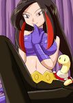  1girl azami_(pokemon) black_hair frontier_brain lowres lucy nintendo pokemoa pokemon red_eyes red_hair shuckle soara 