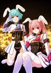  animal_ears armband blue_hair bug bunny_ears butterfly chiester410 chiester45 chiester_sisters eri_(artist) gloves insect leotard multiple_girls pink_hair red_eyes short_hair showgirl_skirt thighhighs twintails umineko_no_naku_koro_ni 