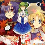  :3 bad_id bad_pixiv_id blonde_hair blue_eyes closed_eyes detached_sleeves frog green_hair hair_ornament hanepochi hat japanese_clothes kochiya_sanae leaf_hair_ornament long_hair moriya_suwako multiple_girls purple_hair red_eyes short_hair snake touhou yasaka_kanako 