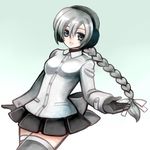  braid coat earmuffs gloves hair_ribbon highres long_hair ponytail ribbon sekka_yufu silver_eyes silver_hair simple_background skirt smile solo thighhighs tsunoyomogi_amahashi utau zettai_ryouiki 