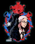  dorohedoro formal glasses heart_(organ) k_kumahachi looking_back male_focus mask necktie shin_(dorohedoro) shoes sneakers stitches suit white_hair 