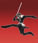  artist_request blue_eyes brown_hair code_geass dissidia_final_fantasy final_fantasy final_fantasy_viii fur gloves gunblade jacket jewelry male_focus necklace parody red_background scar simple_background solo spinzaku squall_leonhart thigh_strap weapon 