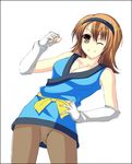  1girl bare_shoulders breasts cleavage elbow_gloves female final_fantasy final_fantasy_iii fingerless_gloves gloves hairband kyoku_tou long_hair lowres monk orange_eyes orange_hair refia simple_background solo white_background wink 