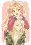  1girl :d ahoge blonde_hair camouflage copyright_request jacket open_mouth red_eyes sakamoto_atsumu smile sweater tan twintails 
