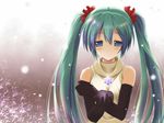  blush elbow_gloves gloves green_eyes green_hair hatsune_miku long_hair snow snowflakes solo sweater twintails utamaru_(konomix) very_long_hair vocaloid 