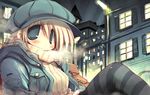  blonde_hair blue_eyes blush breath hat jacket lamp night original sakaki_(noi-gren) solo star striped striped_legwear thighhighs turtleneck window 