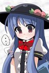  1girl :&lt; blue_hair bow bowtie breast_conscious fa_no_hito food fruit hat hinanawi_tenshi long_hair peach raised_eyebrow red_eyes ribbon sad solo touhou v_arms 