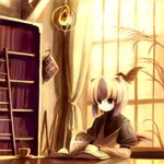  book bookshelf cup head_wings horns ladder multicolored_hair short_hair single_head_wing solo teacup tokiko_(touhou) touhou tsubasa_(abchipika) wings 