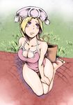  bad_id bad_pixiv_id bare_shoulders barefoot blonde_hair blush breasts cleavage feet final_fantasy final_fantasy_tactics from_above hat long_hair looking_up medium_breasts one-piece_swimsuit orator_(fft) purple_eyes sitting solo swimsuit thigh_gap tsukudani_(coke-buta) 