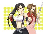  2girls aerith_gainsborough bare_shoulders belt black_hair bracelet brown_hair dress earrings elbow_gloves female final_fantasy final_fantasy_vii fingerless_gloves gloves green_eyes hand_holding holding_hands jacket jewelry long_hair midriff multiple_girls open_mouth pink_ribbon red_eyes ribbon side_ponytail skirt sko staff suspenders tank_top tanktop tifa_lockhart very_long_hair 