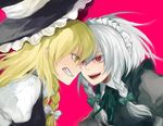  angry bad_id bad_pixiv_id banned_artist battle blonde_hair braid clenched_teeth confrontation duel eye_contact face-to-face forehead-to-forehead grin harano hat izayoi_sakuya kirisame_marisa long_hair looking_at_another multiple_girls red_eyes short_hair silver_hair simple_background smile teeth touhou twin_braids witch_hat yellow_eyes 