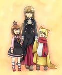  2girls blonde_hair brown_hair child crown happy hime_cut holding_hands long_hair multiple_girls sakutarou scarf shiguya short_hair skirt smile umineko_no_naku_koro_ni ushiromiya_maria ushiromiya_rosa 